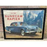 A large original advertising poster for the 'New Sunbeam Rapier' in an unusual carved wooden frame.