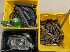 Three boxes of assorted workshop tools and equipment including box spanners.
