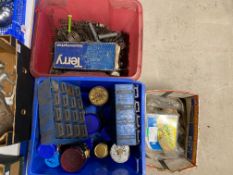 Three boxes of assorted nuts, bolts, washers, springs etc.
