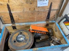 A wooden box of Austin 10 Cambridge parts including starters, dynamos etc. plus a small box of