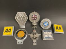Eight assorted badges including AA Commercial, Bristol Driver's Club etc.