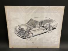 Brian Hatton - a cut away study of a 1972 Lancia Beta, produced for The Motor, annotated to the