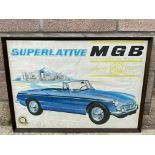 A large framed and glazed BMC advertising poster for the 'Superlative MGB', 'Safety Fast'.