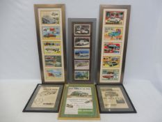 A selection of framed and glazed advertisements for various marques including Hillman Minx, VW