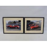 Two framed and glazed colour photographs of Ferraris by Maurice Rowe, both signed to the margin by