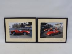 Two framed and glazed colour photographs of Ferraris by Maurice Rowe, both signed to the margin by