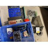 A large box of assorted workshop tools and equipment including deep reach sockets, spanners, G-