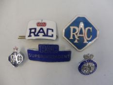 A selection of R.A.C enamel badges including RAC Superintendent and Chief Superintendent.
