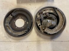 Two Alvis Firebird brake drums, with centres and aluminium shoes.