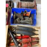 Three vintage screw jacks, two handles, vintage tool roll with tools, and four pairs of telescopic