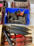 Three vintage screw jacks, two handles, vintage tool roll with tools, and four pairs of telescopic