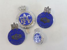 Four associated RAC blue enamel and chrome plated badges including '45 Years Service'.