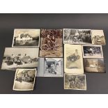 A small selection of period black and white photographs including cycling, motorcycles, crash