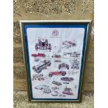 A framed and glazed poster advertising 'MG - Fifty Years of Sports Cars' and one other print.
