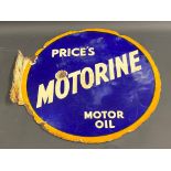 A Price's Motorine Motor Oil circular double sided enamel sign with hanging flange, 18 x 18 1/2".