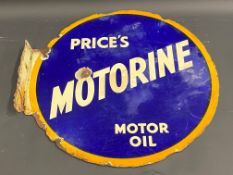 A Price's Motorine Motor Oil circular double sided enamel sign with hanging flange, 18 x 18 1/2".