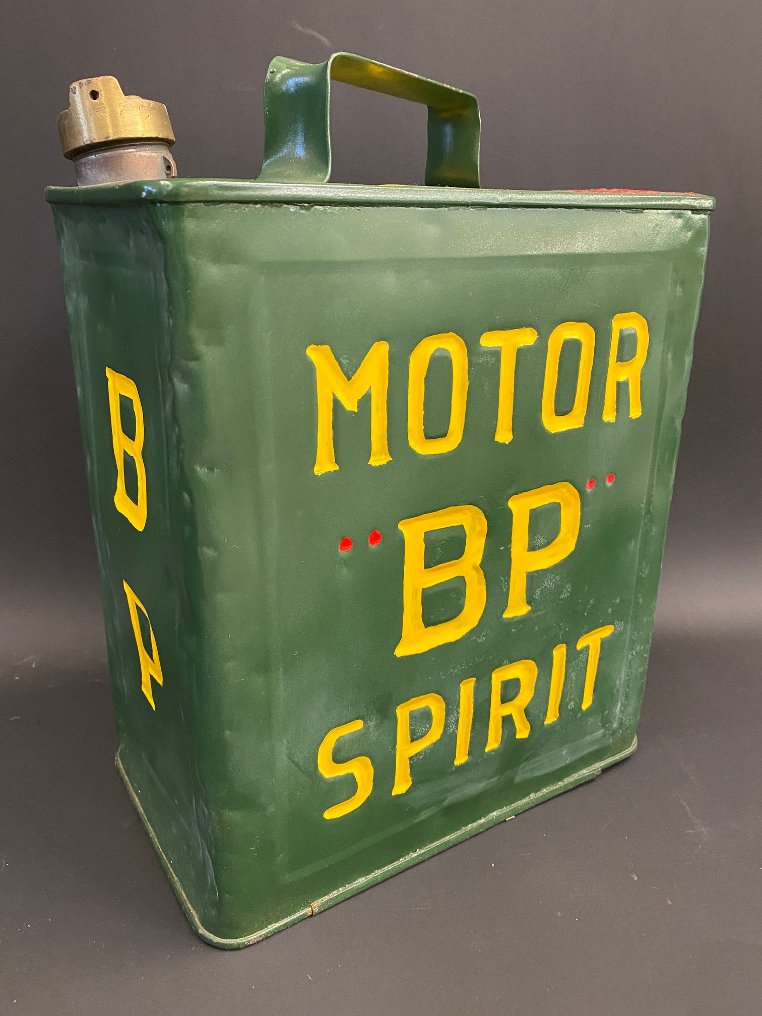 A BP Motor Spirit two gallon petrol can by Valor, dated August 1936.