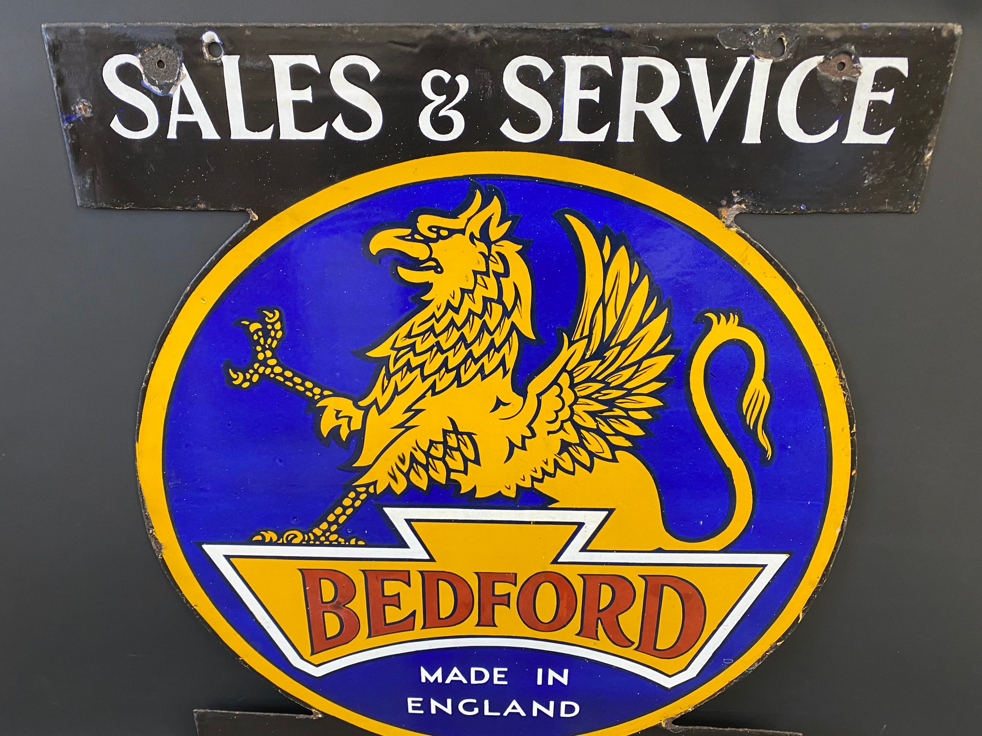 A rare Bedford Trucks and Buses double sided enamel sign with an image of a griffin to either - Image 7 of 9