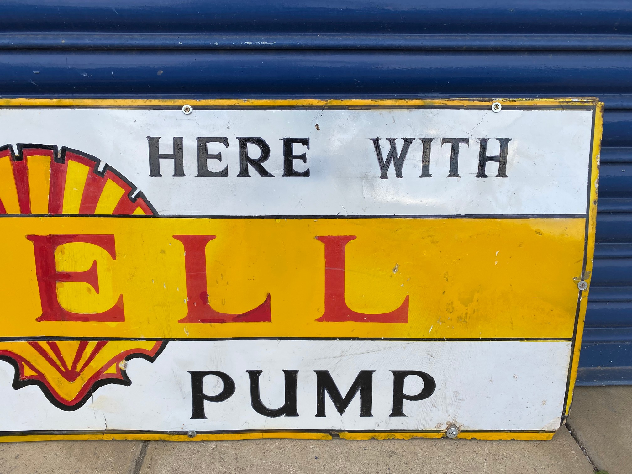 A Shell 'Fill up here from the pump' enamel sign, heavily restored. - Image 3 of 3