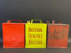 Three two gallon petrol cans including National Benzole Mixture.