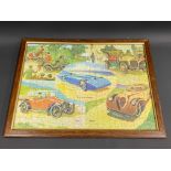 A framed and glazed motoring themed jigsaw puzzle depicting six different cars through the ages,