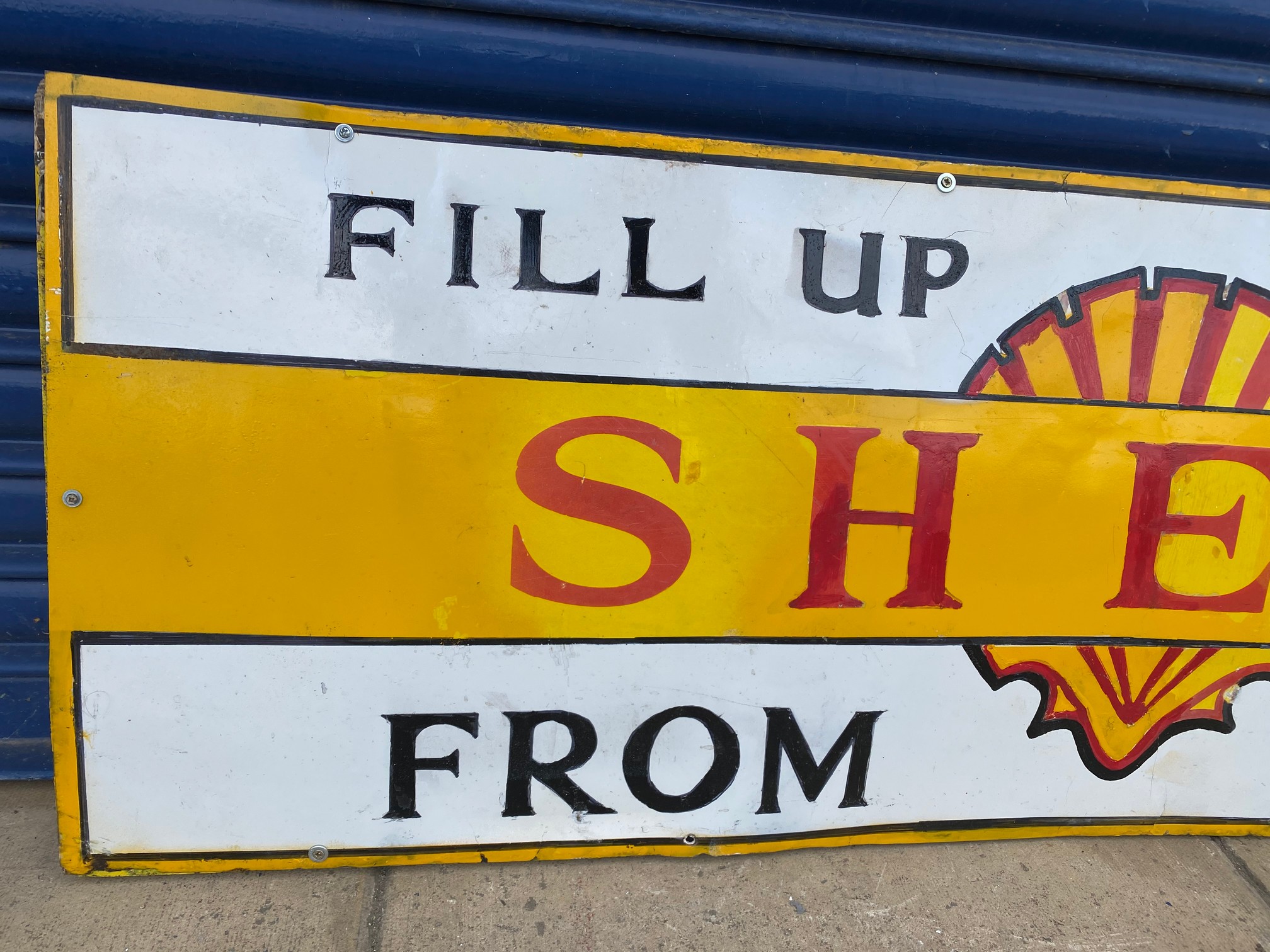 A Shell 'Fill up here from the pump' enamel sign, heavily restored. - Image 2 of 3