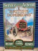 A British Dominions 'Empire' Motor Policy pictorial enamel sign with an image of a racing car