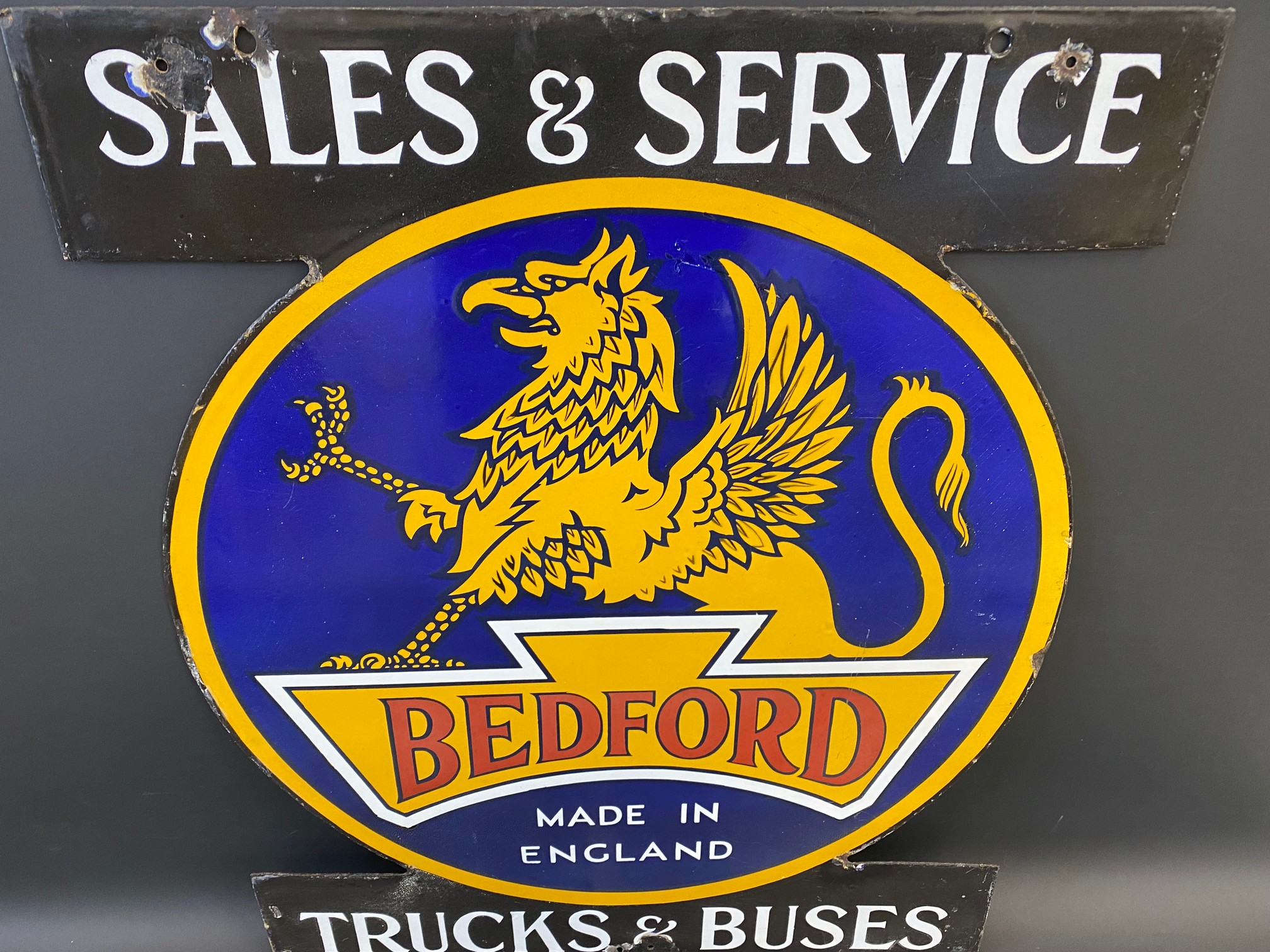 A rare Bedford Trucks and Buses double sided enamel sign with an image of a griffin to either - Image 2 of 9