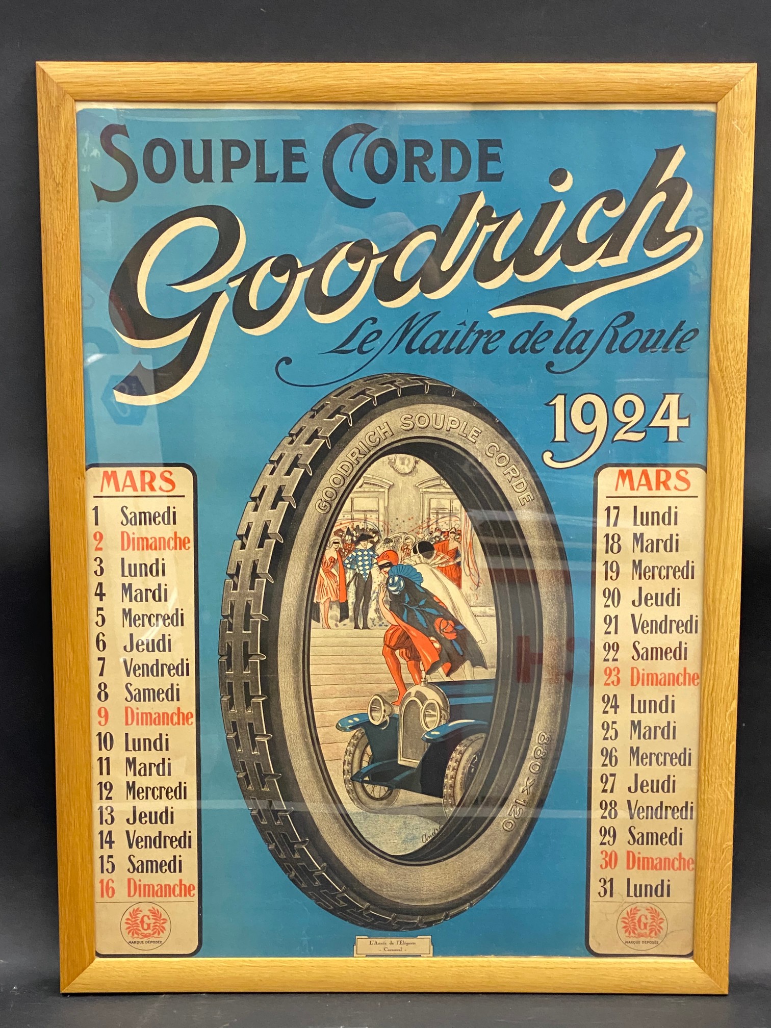 A rare set of seven Goodrich Tyres calendar posters, two for 1920 and five from 1924, excellent