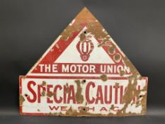 A Motor Union Special Caution Welsh A.C. enamel sign, with a metal repair to the point, 26 x 21 3/