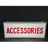 A garage showroom illuminated lightbox for 'Accessories', 36" w x 14" h x 6" d.