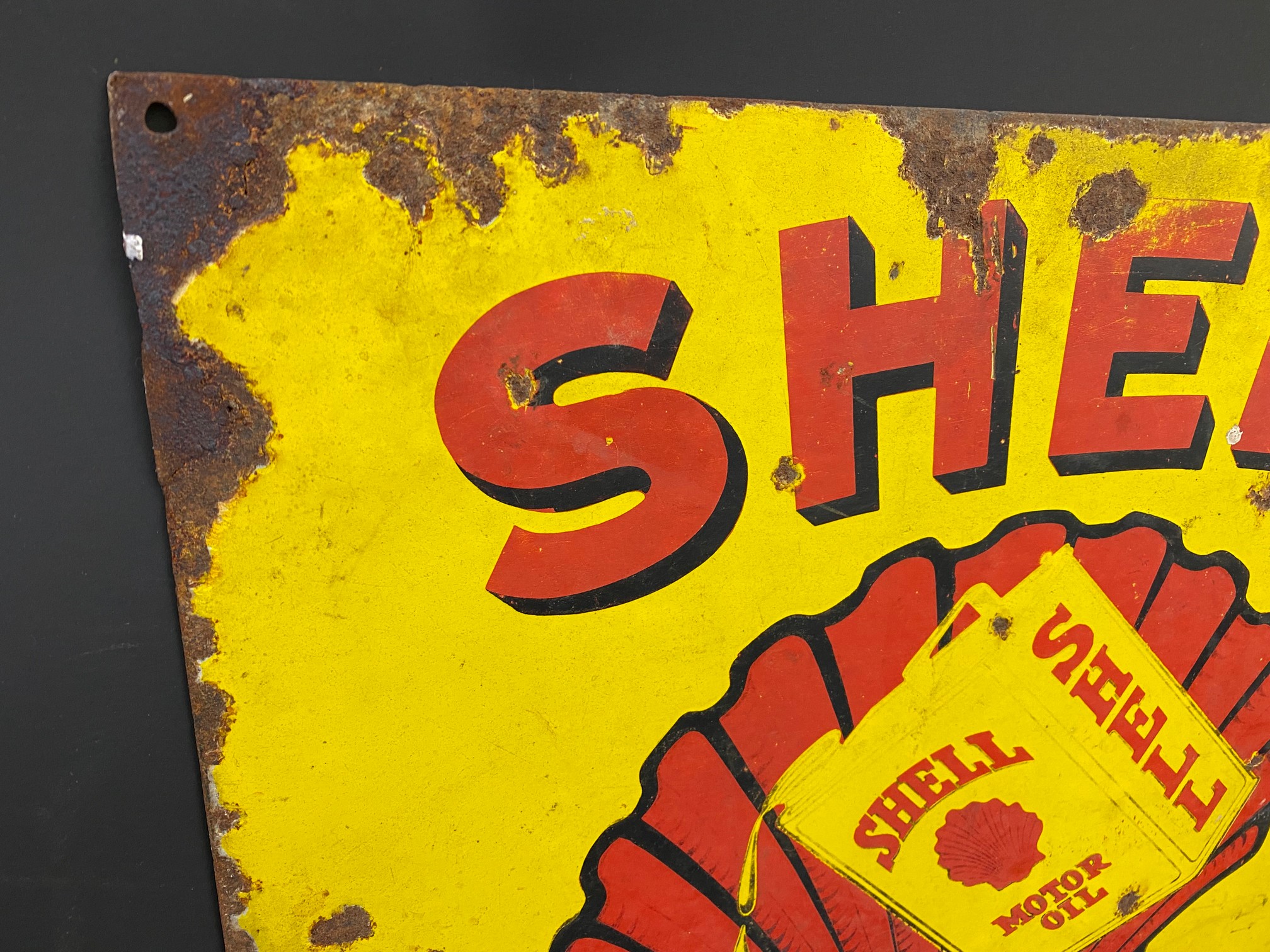 A Shell Motor Oil enamel sign with central dripping can image against a clam motif, 18 x 18". - Image 2 of 5