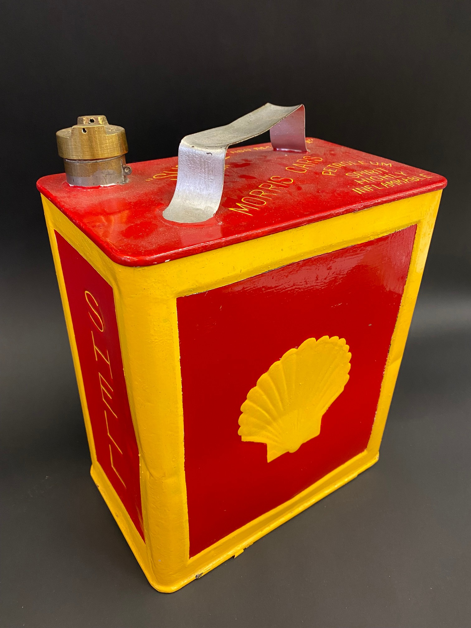 A Shell for Morris Cars two gallon petrol can with Shell brass cap.
