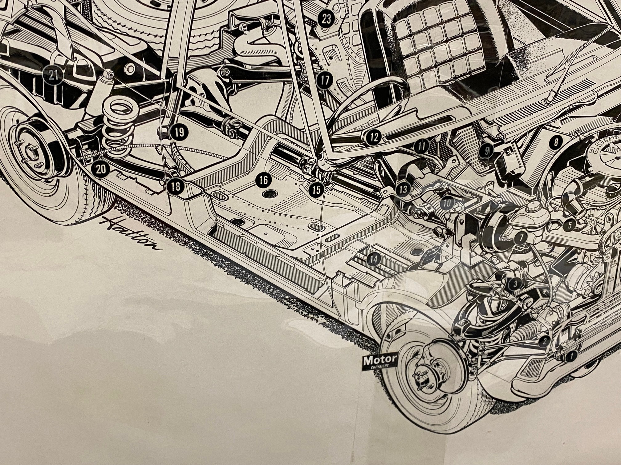 Brian Hatton - a cut away study of a Ford Cortina Mk.III, produced for The Motor, annotated to the - Image 2 of 6