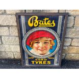 A rare Bates Cord Tyres pictorial showcard of great colour, framed and glazed, 22 x 31".