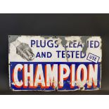 A Champion spark plugs part pictorial rectangular enamel sign with spark plug image, 21 x 12 1/2".