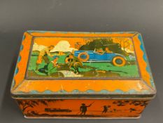 A Mackintosh's Weekend Toffee tin depicting a 1930s open top motor car to the lid.