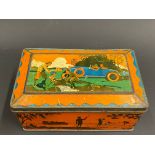 A Mackintosh's Weekend Toffee tin depicting a 1930s open top motor car to the lid.