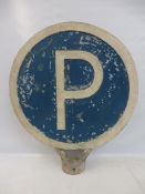 A large circular double sided post mounted P for parking road sign, 24" diameter.