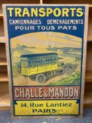 A large French pictorial poster laid on board 'Transports Challe & Mandon', 39 1/2 x 58".