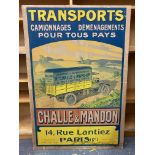 A large French pictorial poster laid on board 'Transports Challe & Mandon', 39 1/2 x 58".