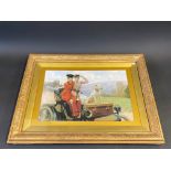 A gilt framed coloured print of two ladies driving a Veteran car, with a dog, 28 1/2 x 22".