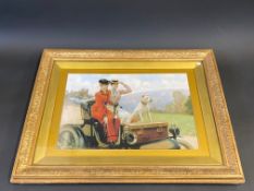 A gilt framed coloured print of two ladies driving a Veteran car, with a dog, 28 1/2 x 22".