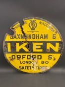 An AA circular enamel road sign by Franco for the village of Iken in Suffolk, 30" diameter.