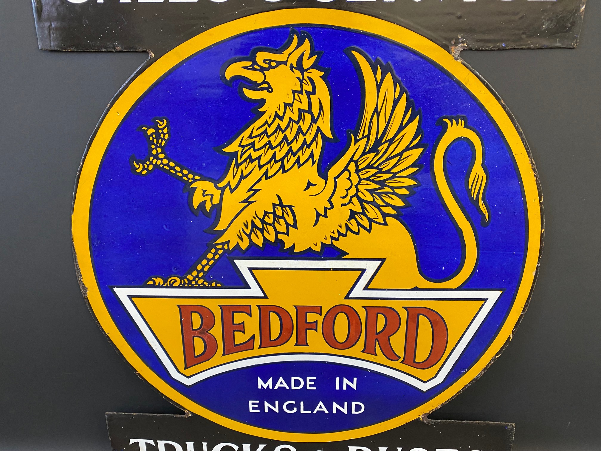 A rare Bedford Trucks and Buses double sided enamel sign with an image of a griffin to either - Image 8 of 9