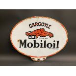 A Mobiloil Gargoyle oval double sided enamel sign for mounting on the top of an oil cabinet, 18 x