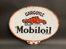 A Mobiloil Gargoyle oval double sided enamel sign for mounting on the top of an oil cabinet, 18 x