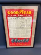 A Goodyear Tyres retail price list poster, framed and glazed, 29 1/2 x 41 1/2".