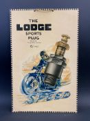 A Lodge Sports Plug pictorial rectangular showcard, depicting a racing motorcycle racing at speed, 9