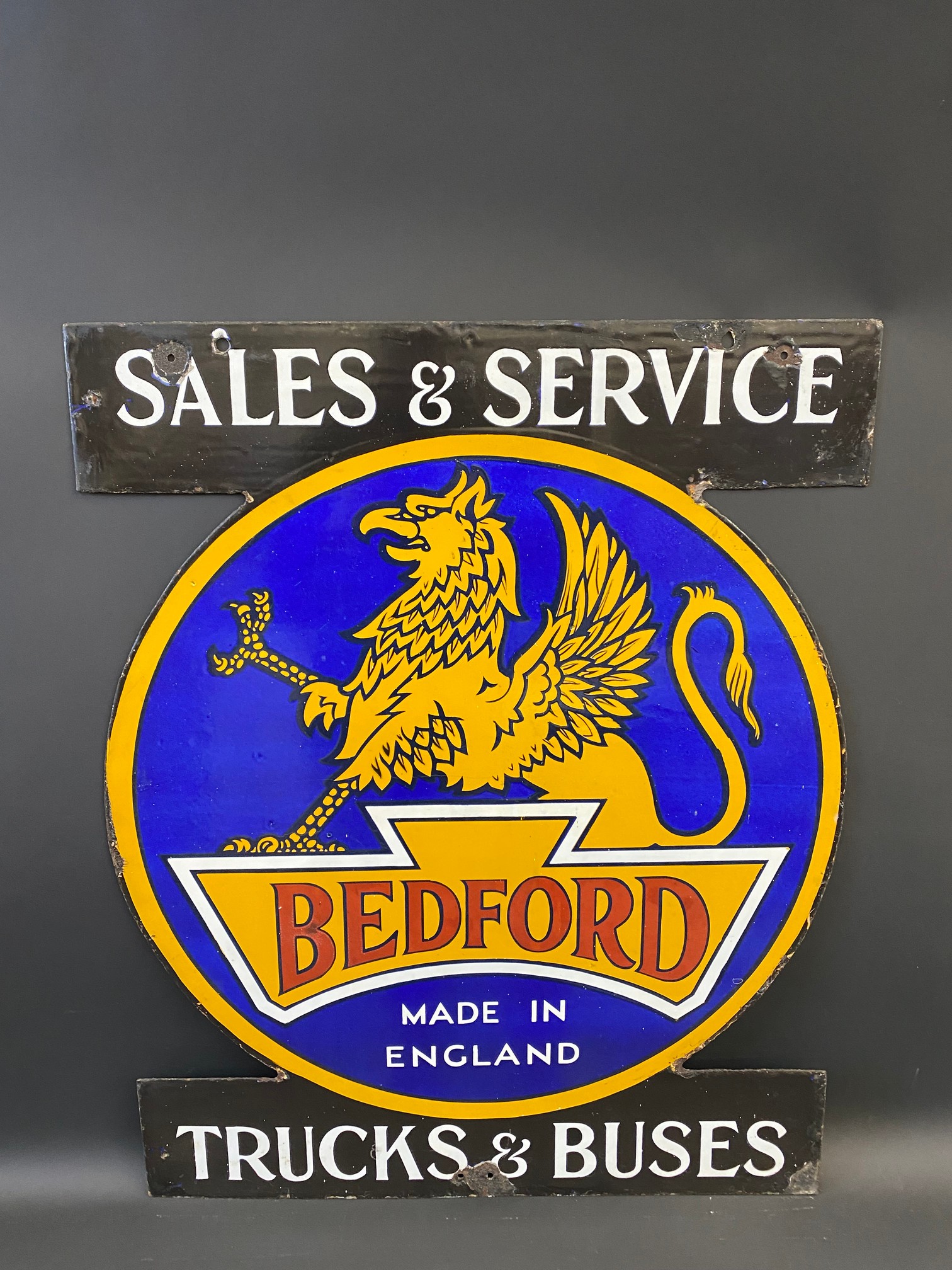 A rare Bedford Trucks and Buses double sided enamel sign with an image of a griffin to either - Image 6 of 9